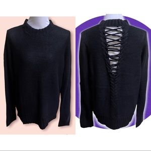 NWT Sugar + Lips Black Low Turtleneck Sweater V cut Cross Open Back Size XS/S